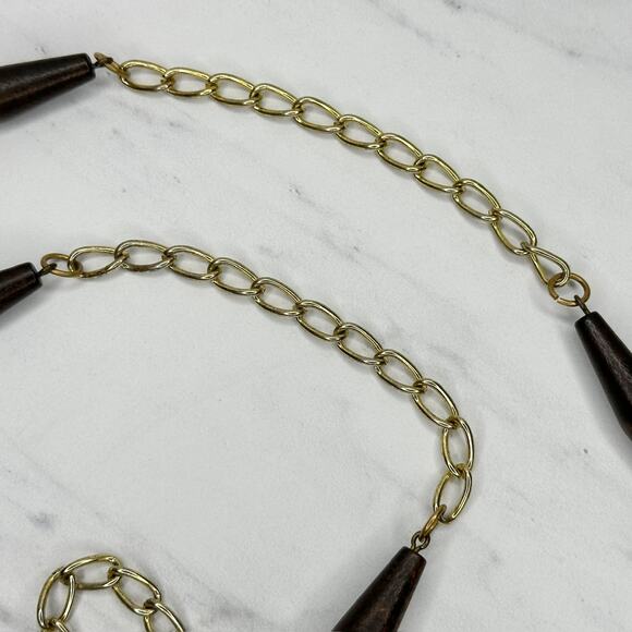 Wood Beaded Gold Tone Metal Chain Link Belt One Size (OS) ✨ - Picture 5 of 12
